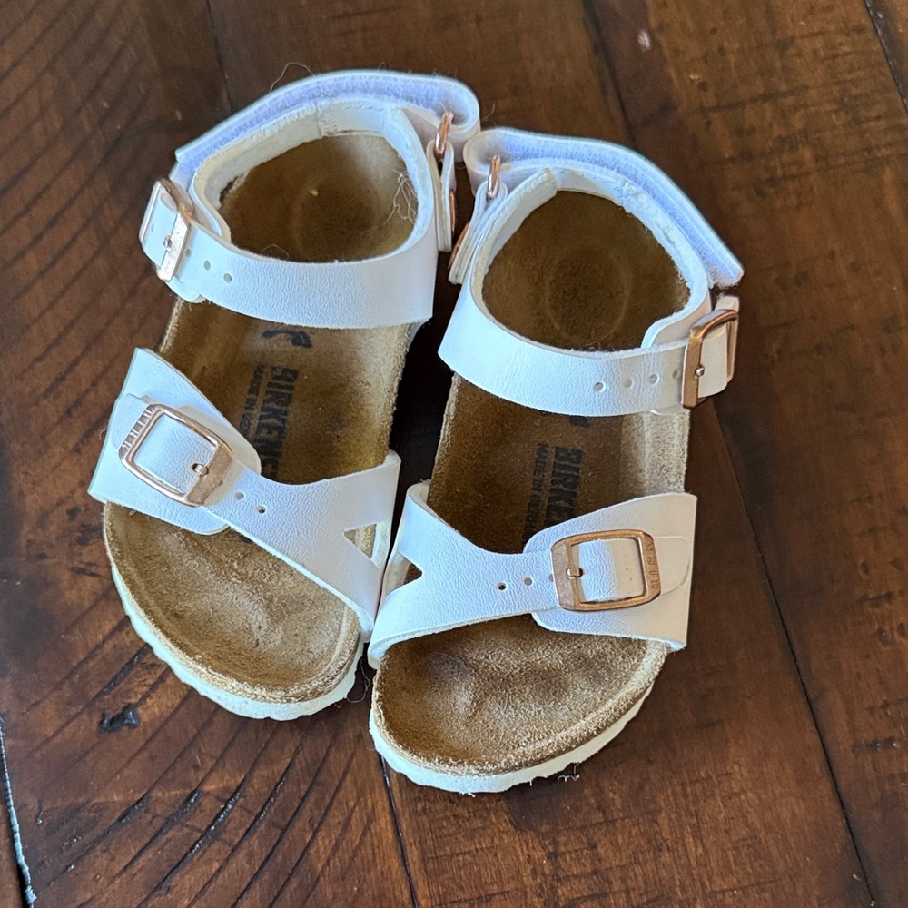 Birkenstock Kids White Sandals with Rose Gold Buckles